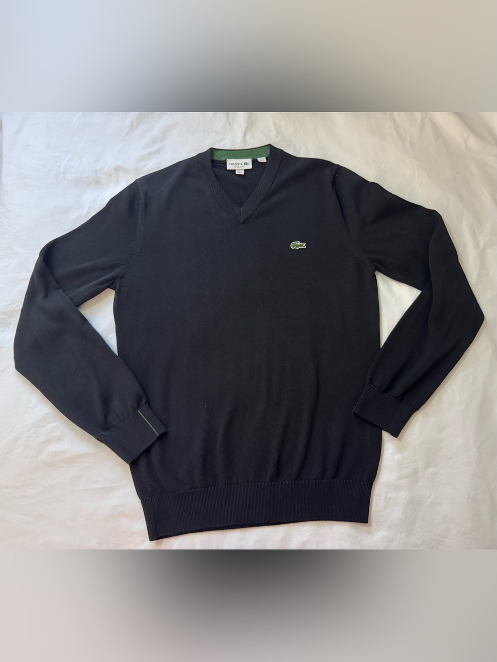 Lacoste V-Neck Sweater Mens Small Solid Black Classic Fit Cotton Logo 9163